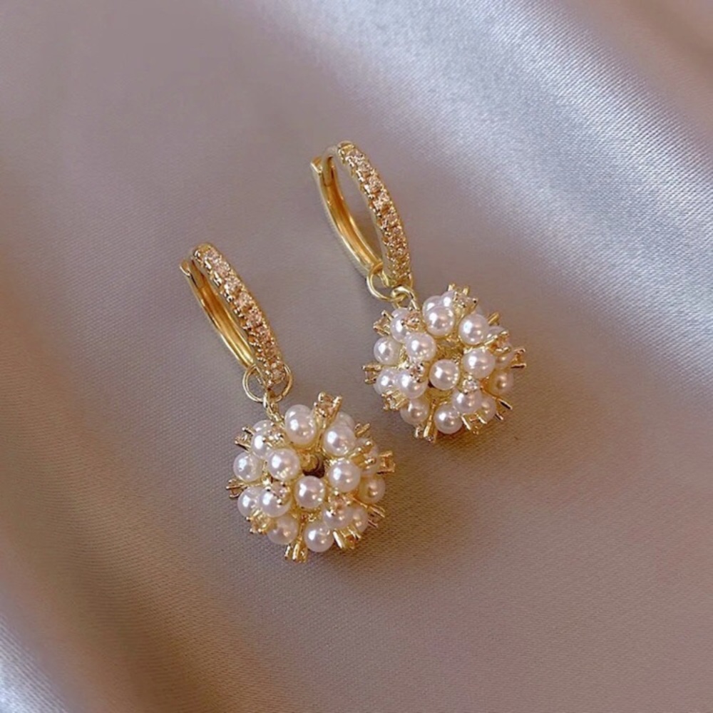 Mini 24k Gold Plated Hoop Pearl Ball Cluster Simple Luxury Gift Gold Earrings